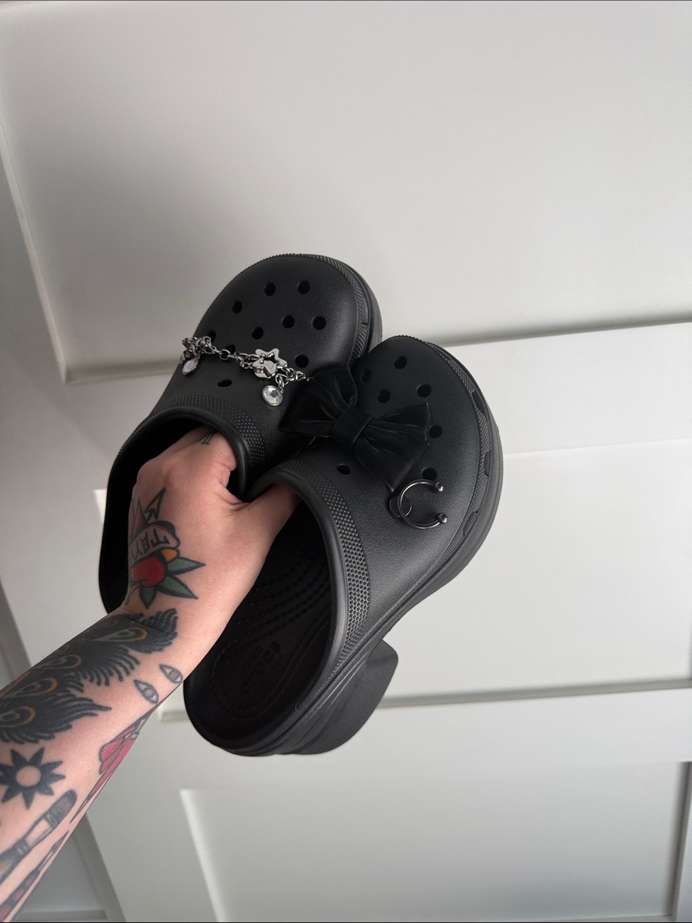 CROCS Black Platforms with Bow and Silver Charms